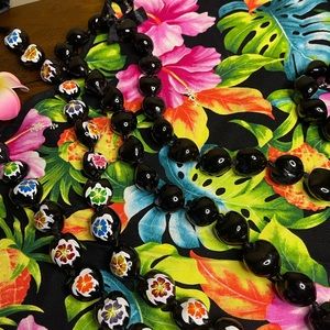 Hawaiian Lot of Kukui Nut Bead Necklaces, bracelet, apron, and hair pins.